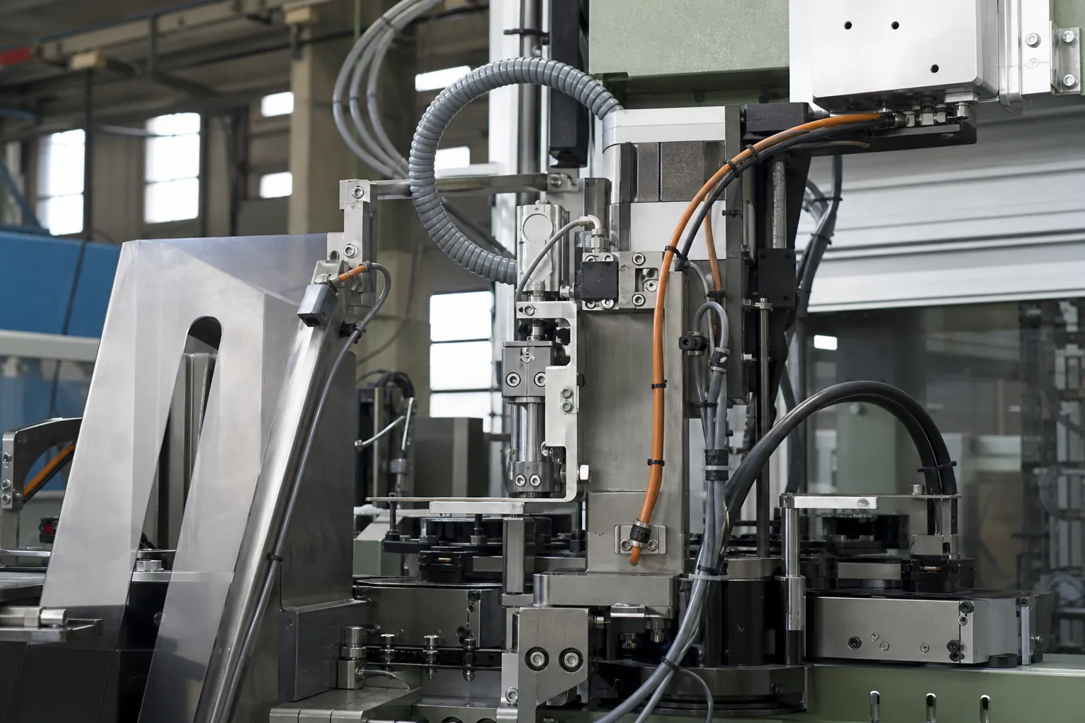 Detail einer automatisierten Industrieanlage mit Sensorik, Aktorik und Verkabelung